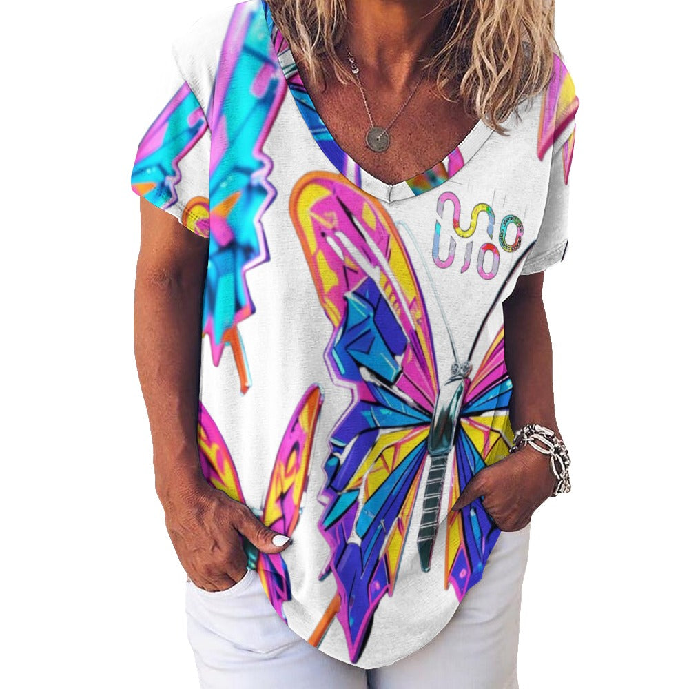 Maglietta donna Wings of Noise scollo a V stampa all-over – 8 varianti colore