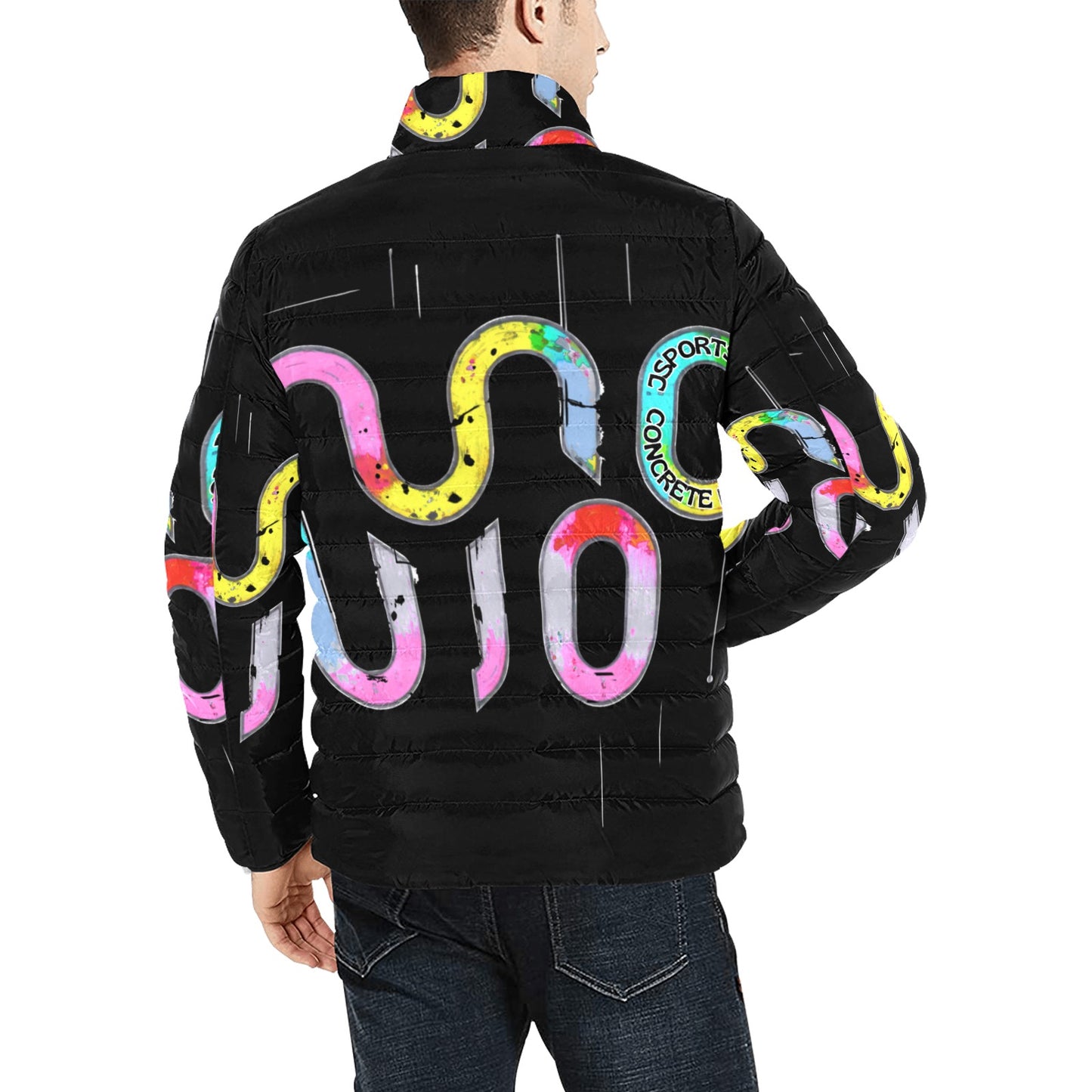 Giacca Bomber Uomo Collezione Concrete Echoes JSHUB – Base Nera Logo Multicolor All Over