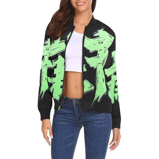 Bomber donna Momo Bloom nero stampa all-over verde lime streetwear