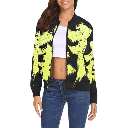 Bomber donna Momo Bloom nero stampa all-over gialla streetwear