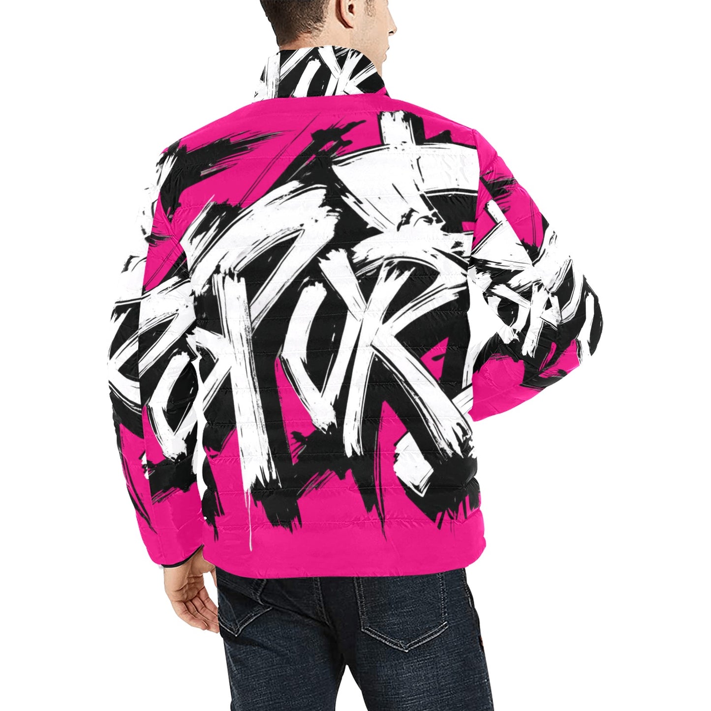 Giacca Bomber Uomo Collezione JSports Momo M08 Fucsia Vibrante JSHUB – Base Fucsia con Stampa All-Over Bianca Contornata di Nero