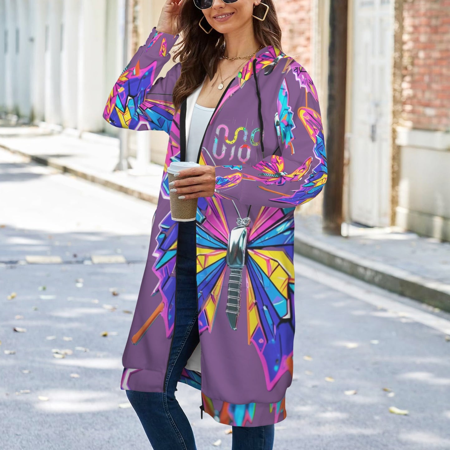 Giacca felpa donna con cappuccio e zip Wings of Noise stampa all-over – 10 varianti colore