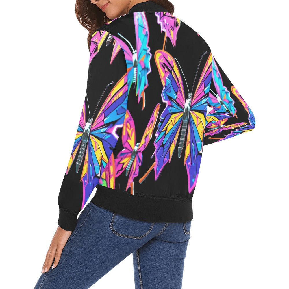 Bomber donna Wings of Noise nero stampa all-over streetwear urbano