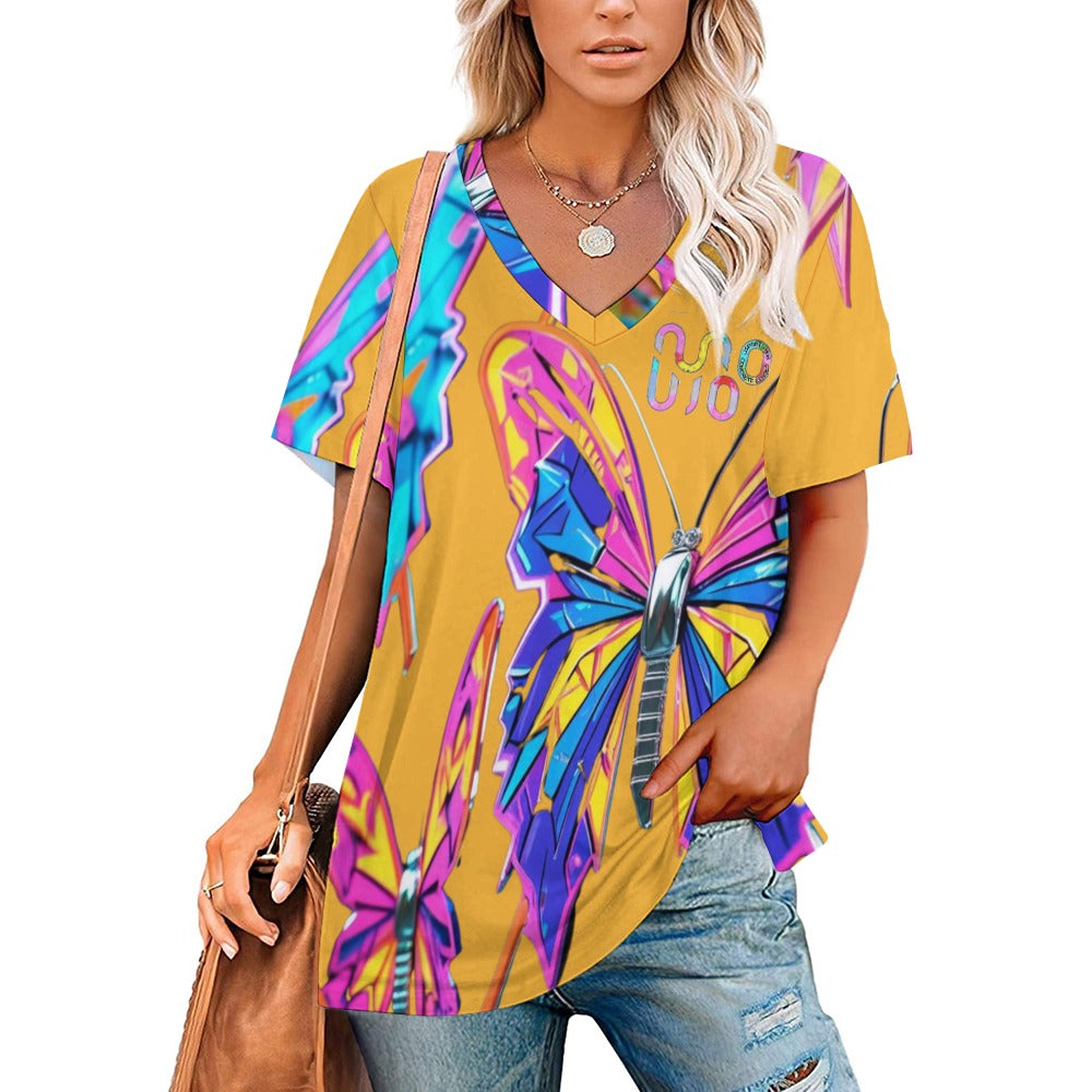 Maglietta donna Wings of Noise scollo a V stampa all-over – 8 varianti colore