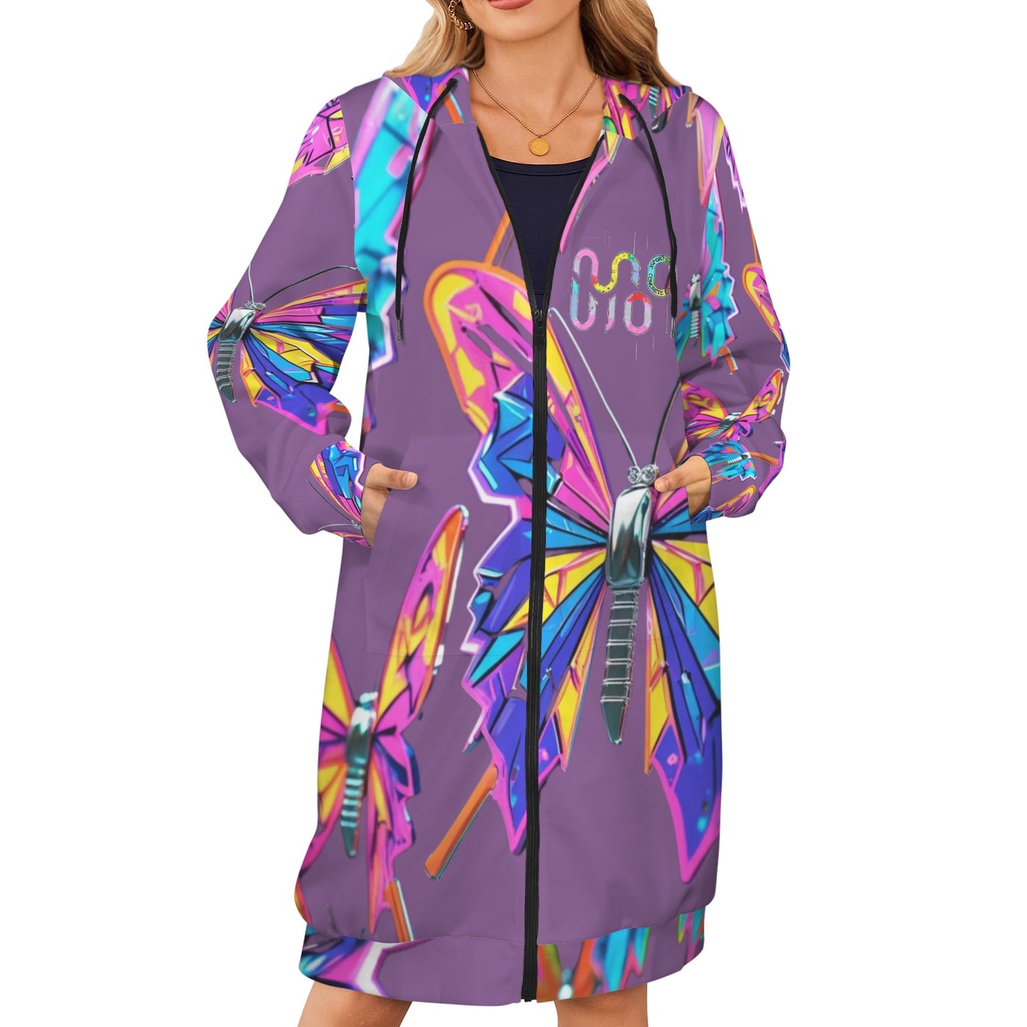 Giacca felpa donna con cappuccio e zip Wings of Noise stampa all-over – 10 varianti colore