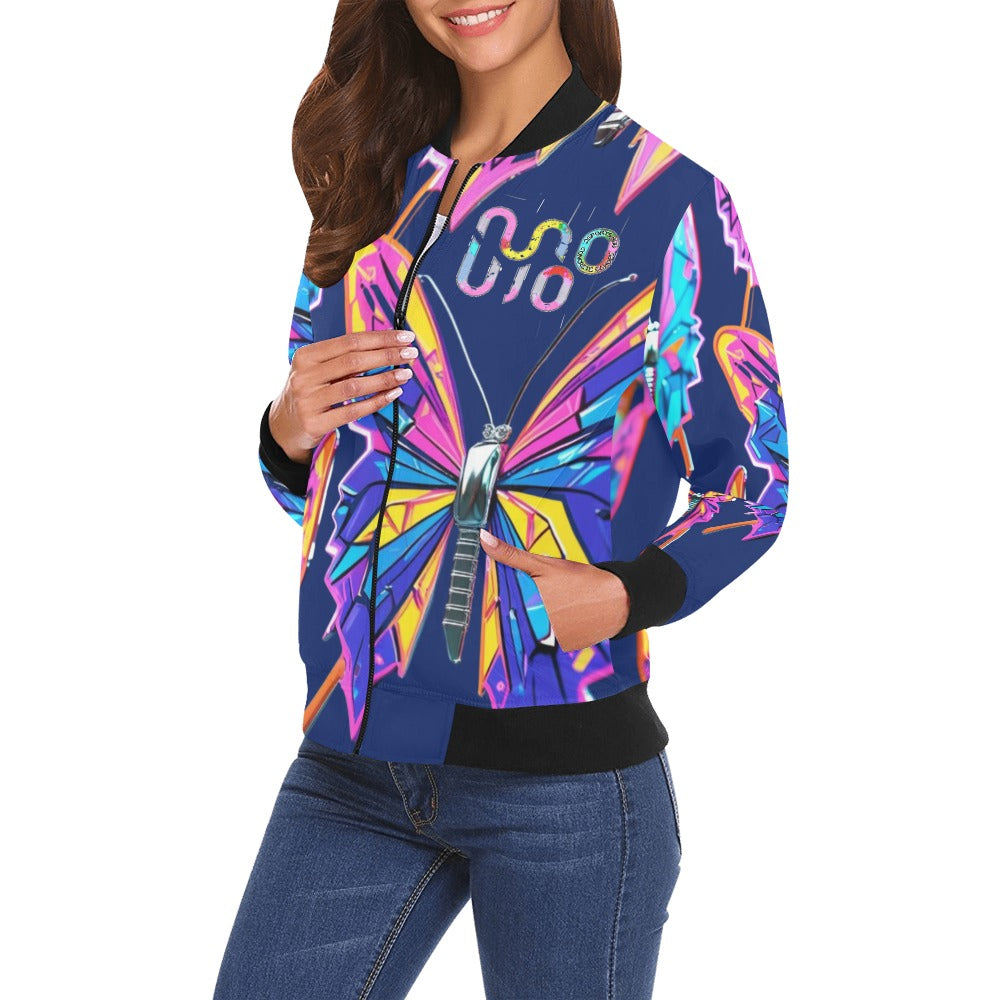 Bomber donna Wings of Noise blu stampa all-over streetwear urbano