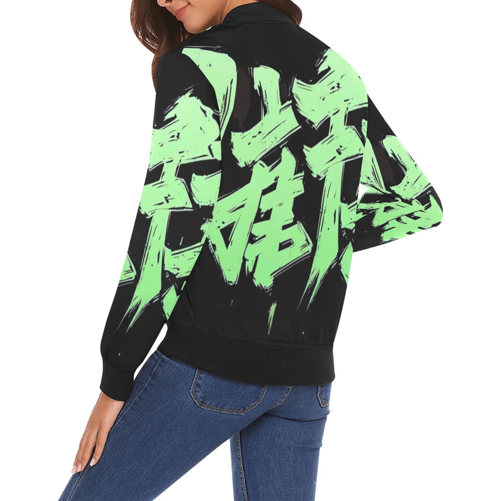 Bomber donna Momo Bloom nero stampa all-over verde lime streetwear
