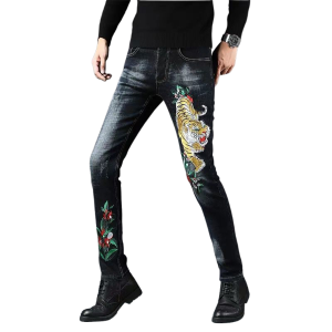 jeans slim ricamati tigre serpente elasticizzati